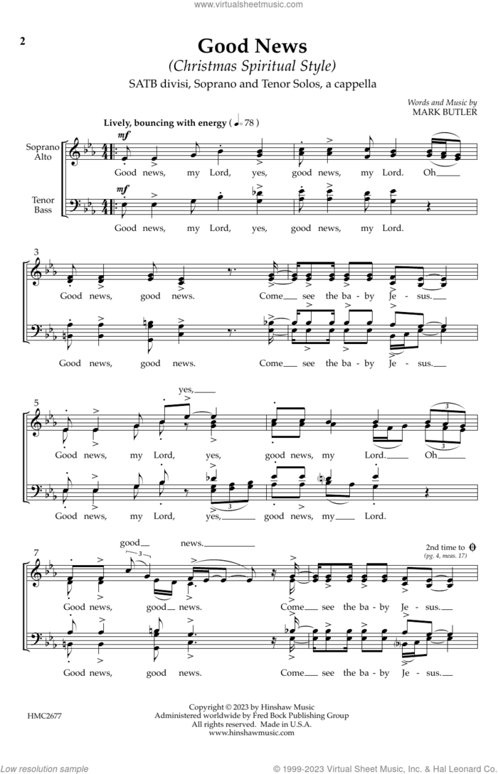 Good News My Lord (Christmas Spiritual Style) sheet music for choir (SATB Divisi) by Mark Butler, intermediate skill level