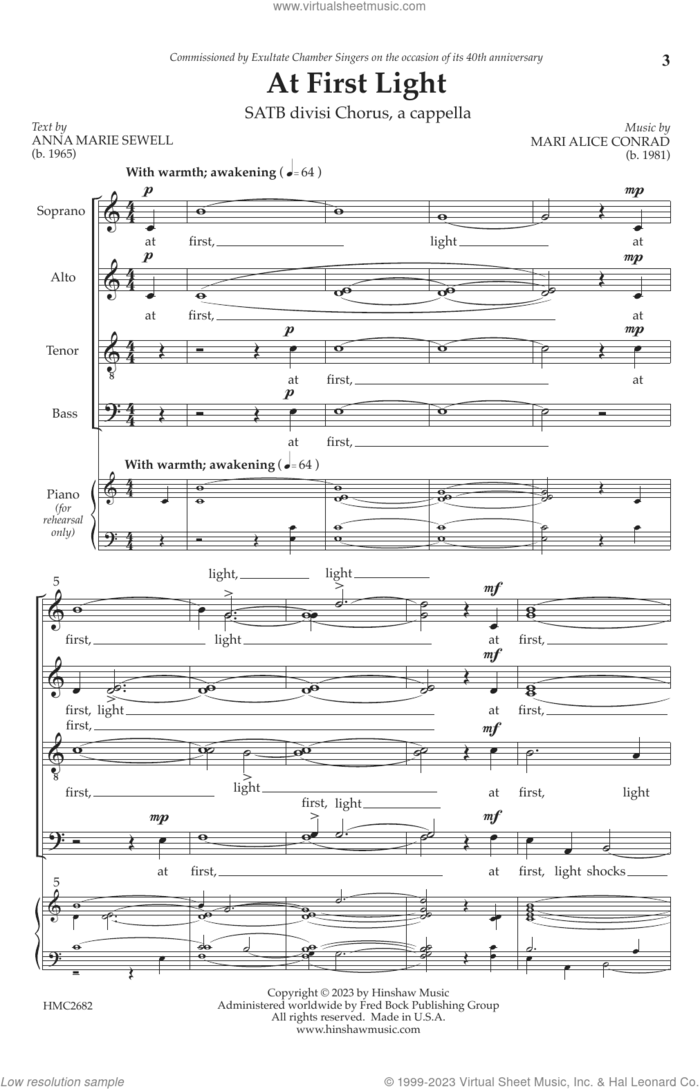 At First Light sheet music for choir (SATB Divisi) by Marie Alice Conrad and Anna Marie Sewell, intermediate skill level