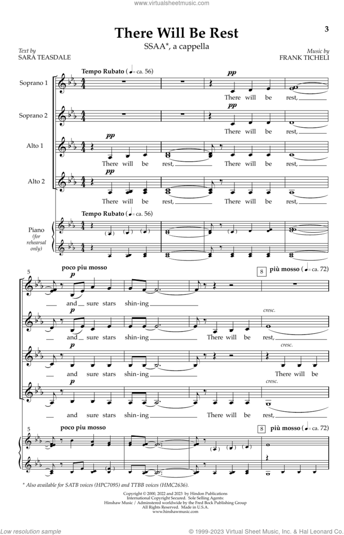There Will Be Rest sheet music for choir (SSAA: soprano, alto) by Frank Ticheli and Sara Teasdale, intermediate skill level