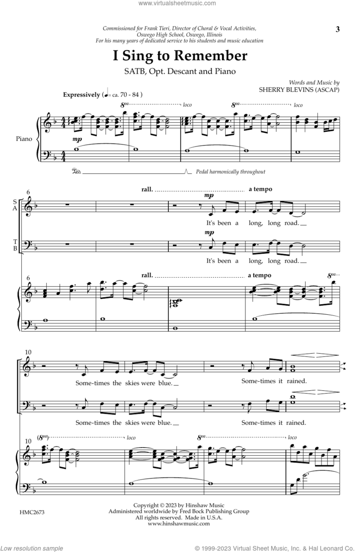 I Sing To Remember sheet music for choir (SATB: soprano, alto, tenor, bass) by Sherry Blevins, intermediate skill level