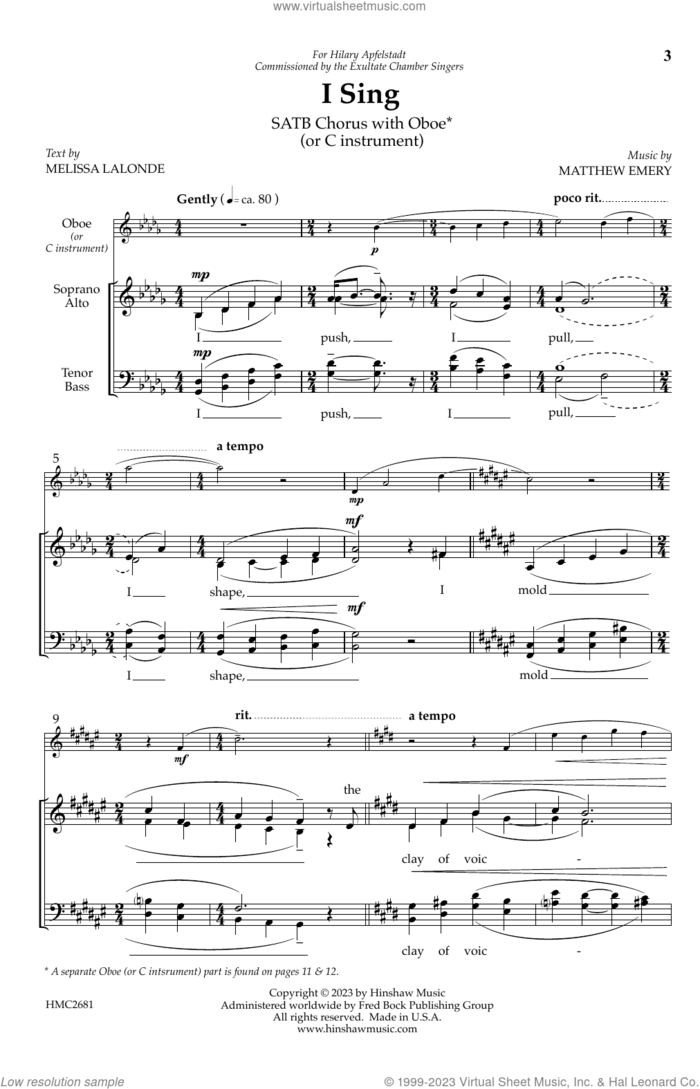 I Sing sheet music for choir (SATB: soprano, alto, tenor, bass) by Matthew Emery and Melissa Lalonde, intermediate skill level