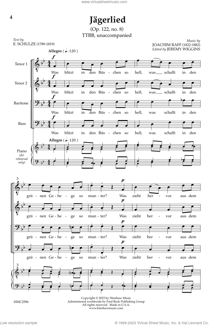 Jagerlied sheet music for choir (TTBB: tenor, bass) by Joachim Raff, E. Schulze and Jeremy Wiggins, intermediate skill level