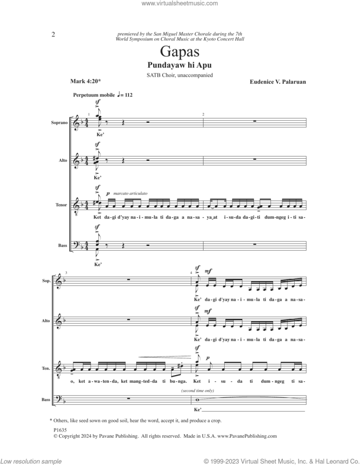 Gapas (Pundayaw hi Apu) sheet music for choir (SATB: soprano, alto, tenor, bass) by Eudenice V. Palaruan, intermediate skill level