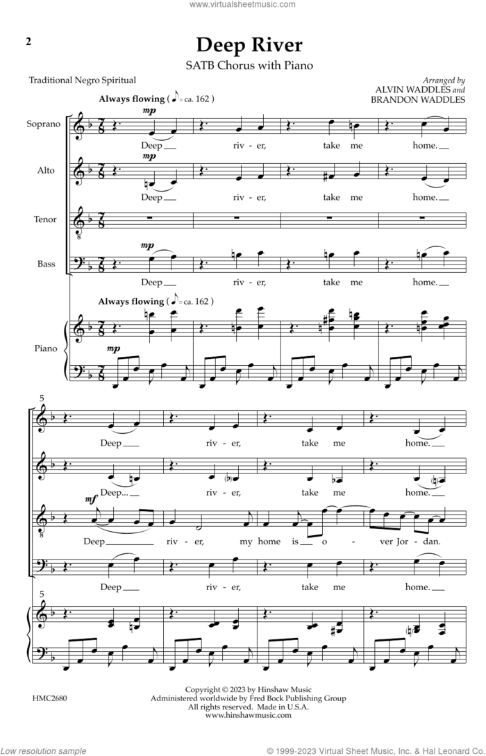 Deep River sheet music for choir (SATB: soprano, alto, tenor, bass) by Traditional Negro Spiritual, Alvin Waddles, Alvin Waddles & Brandon Waddles and Brandon Waddles, intermediate skill level