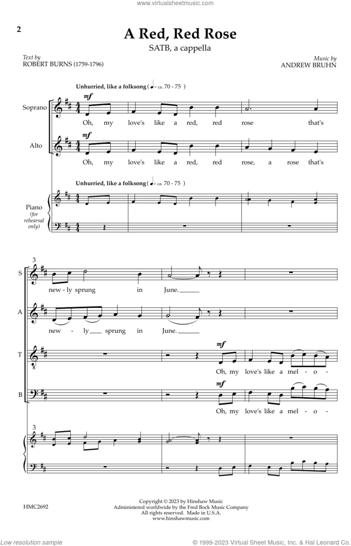 A Red, Red Rose sheet music for choir (SATB: soprano, alto, tenor, bass) by Andrew Bruhn and Robert Burns, intermediate skill level