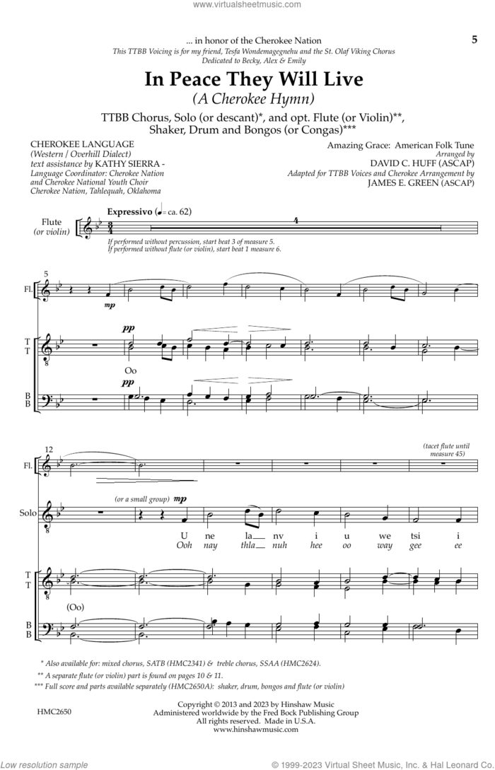 In Peace They Will Live (A Cherokee Hymn) sheet music for choir (TTBB: tenor, bass) by James E. Green and Cherokee Language, intermediate skill level