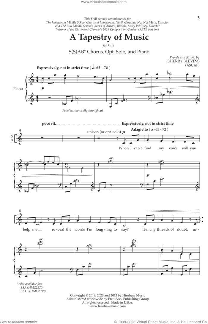 A Tapestry of Music sheet music for choir (SAB: soprano, alto, bass) by Sherry Blevins, intermediate skill level