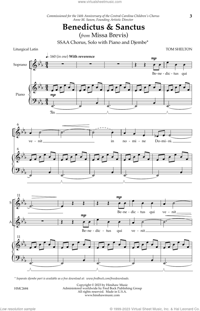 Benedictus and Sanctus (from Missa Brevis) sheet music for choir (SSAA: soprano, alto) by Tom Shelton, intermediate skill level