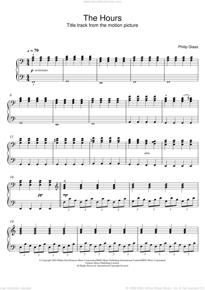 The Hours sheet music for piano solo by Philip Glass, intermediate skill level