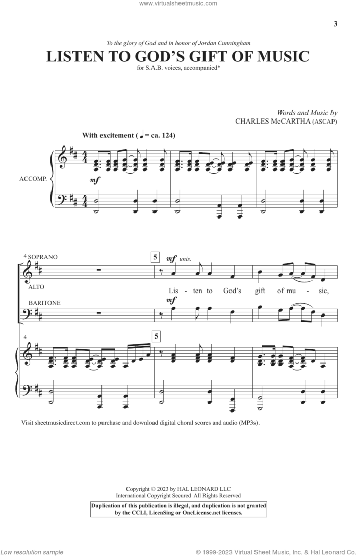 Listen To God's Gift Of Music sheet music for choir (SAB: soprano, alto, bass) by Charles McCartha, intermediate skill level