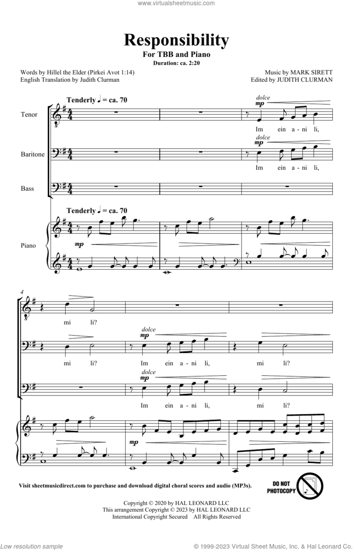 Responsibility sheet music for choir (TTBB: tenor, bass) by Mark Sirett and Hillel the Elder, intermediate skill level