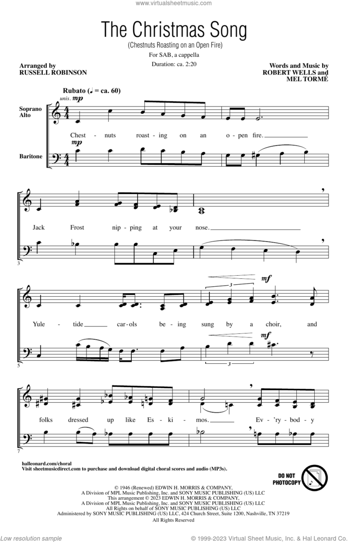 The Christmas Song (Chestnuts Roasting On An Open Fire) (arr. Russell Robinson) sheet music for choir (SAB: soprano, alto, bass) by Mel Torme, Russell Robinson and Robert Wells, intermediate skill level