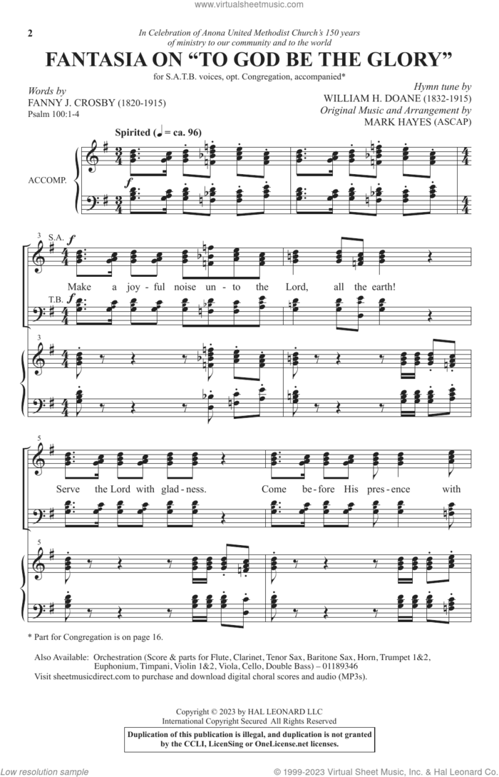 Fantasia On 'To God Be The Glory' sheet music for choir (SATB: soprano, alto, tenor, bass) by William H. Doane, Mark Hayes and Fanny J. Crosby, intermediate skill level