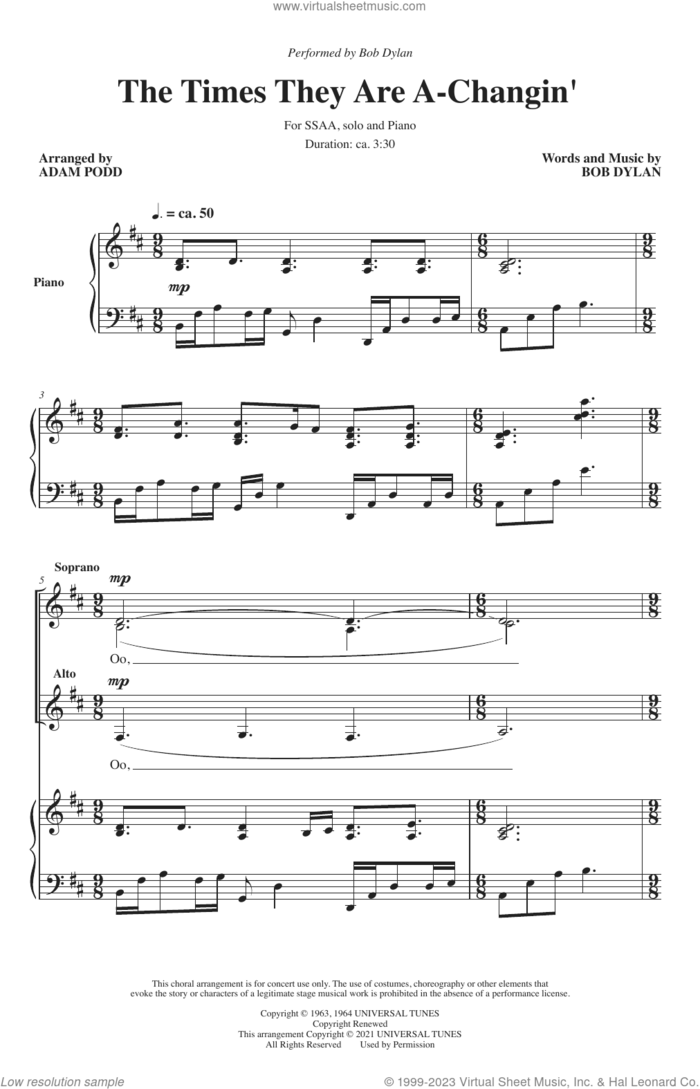 The Times They Are A-Changin' (arr. Adam Podd) sheet music for choir (SSAA: soprano, alto) by Bob Dylan, Adam Podd and Peter, Paul & Mary, intermediate skill level