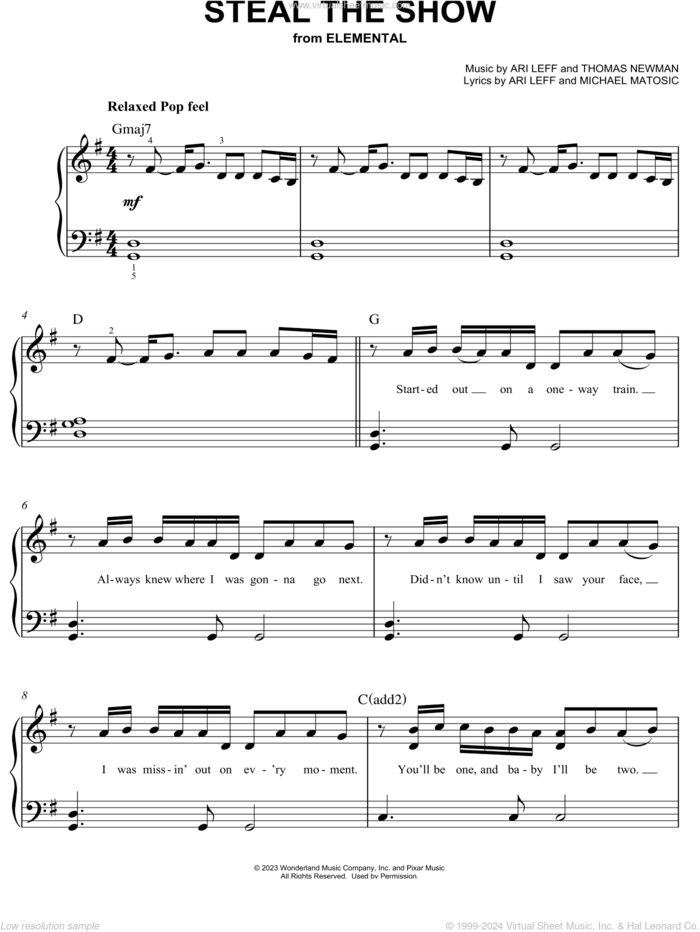 Steal The Show (from Elemental) sheet music for piano solo by Lauv, Ari Leff, Michael Matosic and Thomas Newman, easy skill level