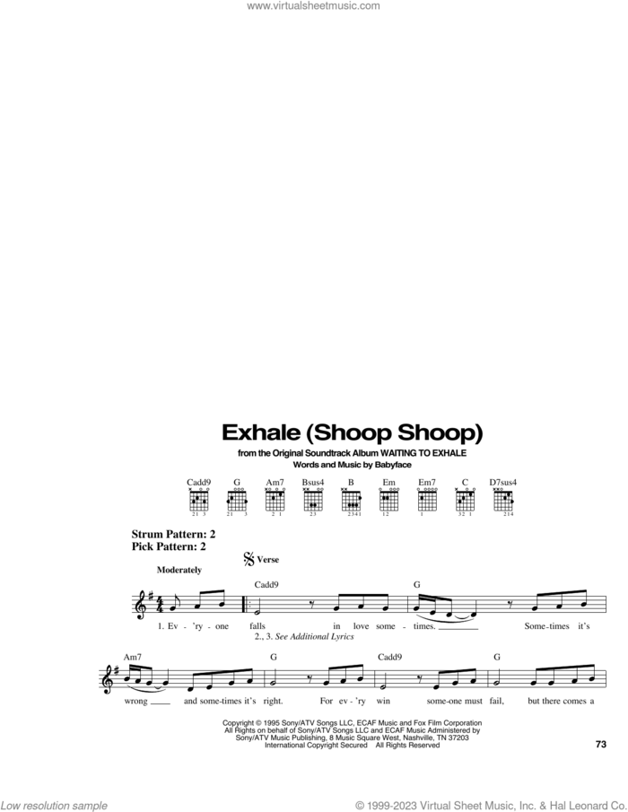 Exhale (Shoop Shoop) sheet music for guitar solo (chords) by Whitney Houston and Babyface, easy guitar (chords)