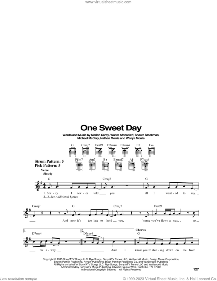 One Sweet Day sheet music for guitar solo (chords) by Mariah Carey and Boyz II Men, Mariah Carey, Michael McCary, Nathan Morris, Shawn Stockman, Walter Afanasieff and Wanya Morris, easy guitar (chords)