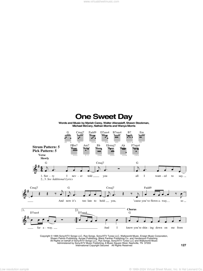 One Sweet Day sheet music for guitar solo (chords) by Mariah Carey and Boyz II Men, Mariah Carey, Michael McCary, Nathan Morris, Shawn Stockman, Walter Afanasieff and Wanya Morris, easy guitar (chords)