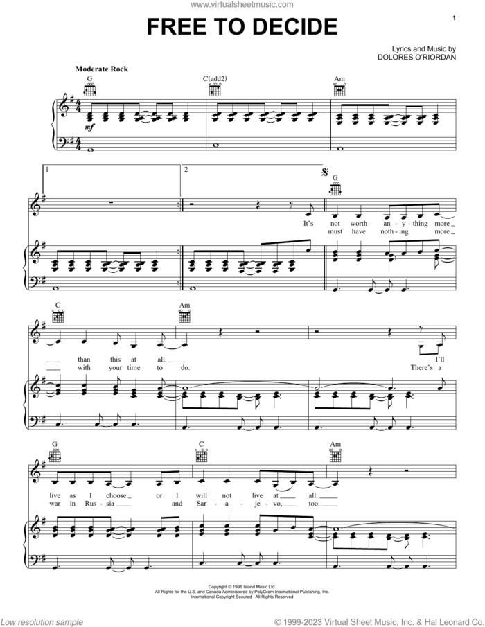 Free To Decide sheet music for voice, piano or guitar by The Cranberries, intermediate skill level