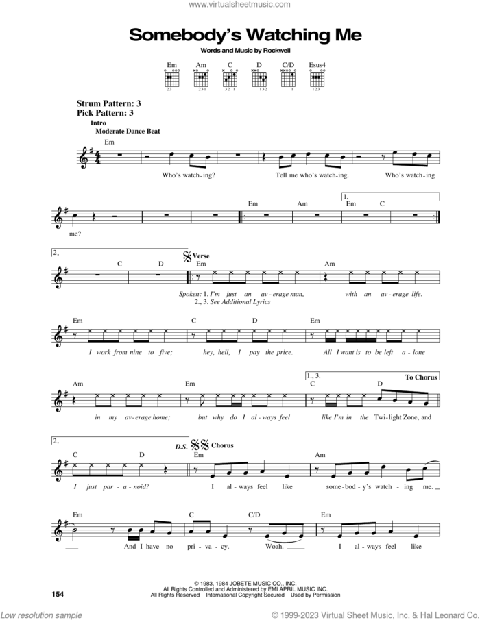 Somebody's Watching Me sheet music for guitar solo (chords) by Rockwell, easy guitar (chords)