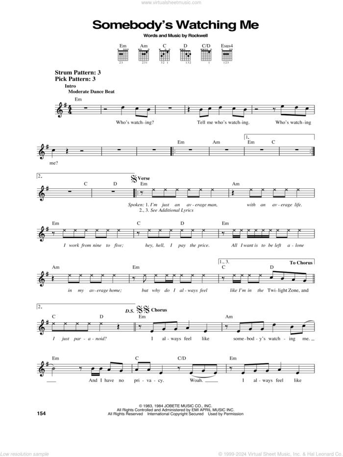 Somebody's Watching Me sheet music for guitar solo (chords) by Rockwell, easy guitar (chords)