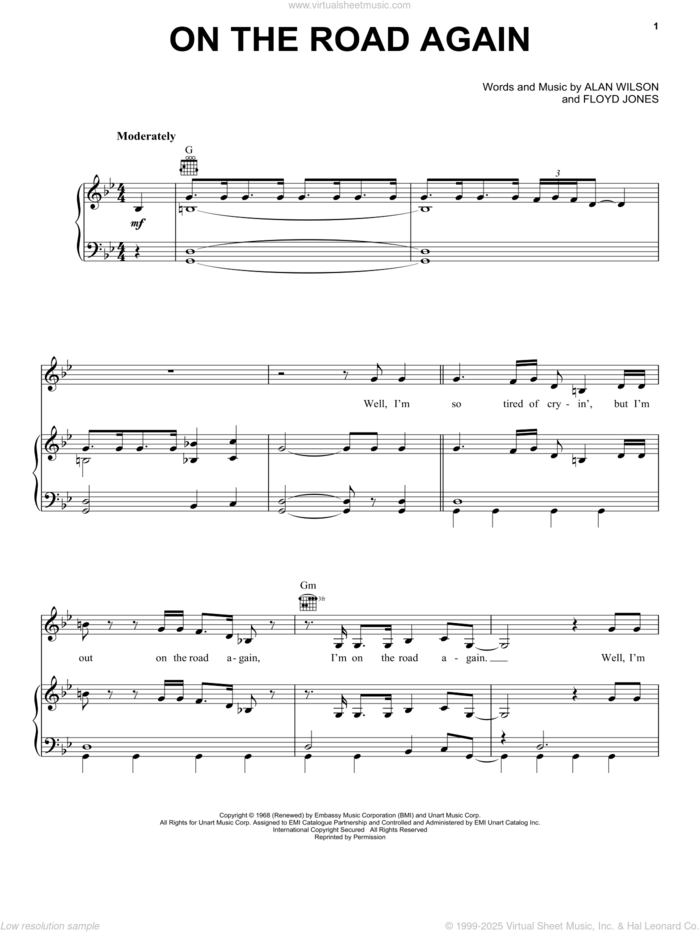 On The Road Again sheet music for voice, piano or guitar by Canned Heat, Alan Wilson and Floyd Jones, intermediate skill level