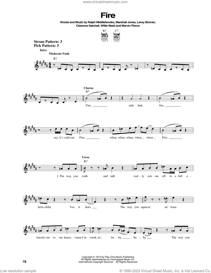 Fire sheet music for guitar solo (chords) by Ohio Players, Clarence Satchell, Leroy Bonner, Marshall Jones, Marvin Pierce, Ralph Middlebrooks and Willie Beck, easy guitar (chords)