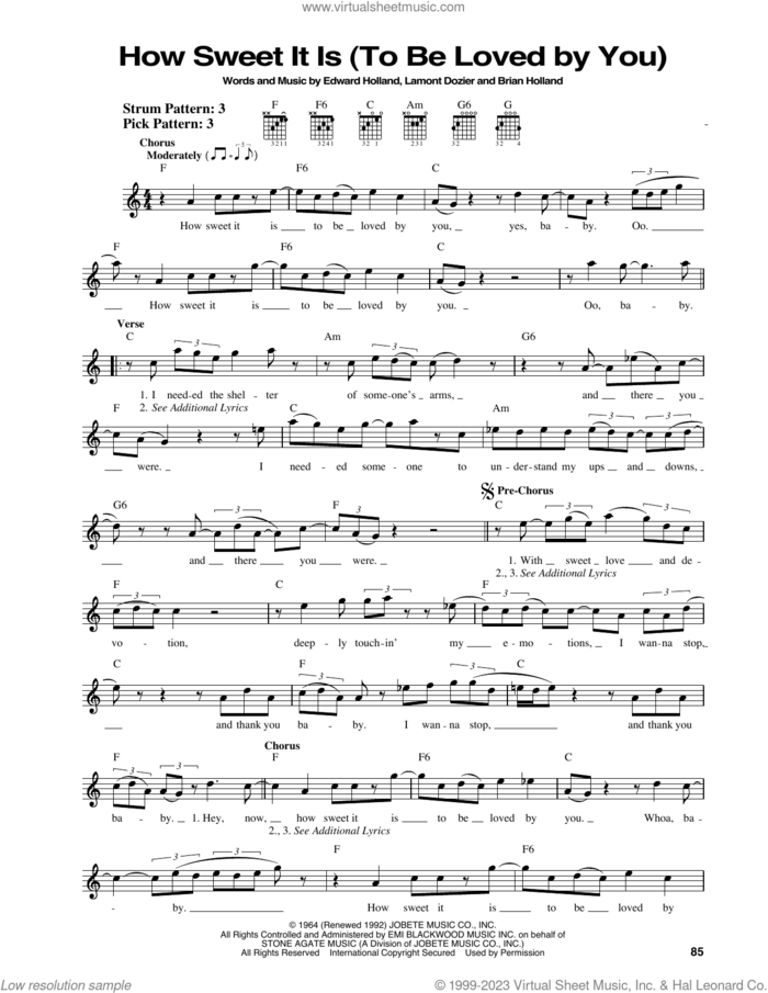 How Sweet It Is (To Be Loved By You) sheet music for guitar solo (chords) by Marvin Gaye, James Taylor, Brian Holland, Eddie Holland and Lamont Dozier, easy guitar (chords)