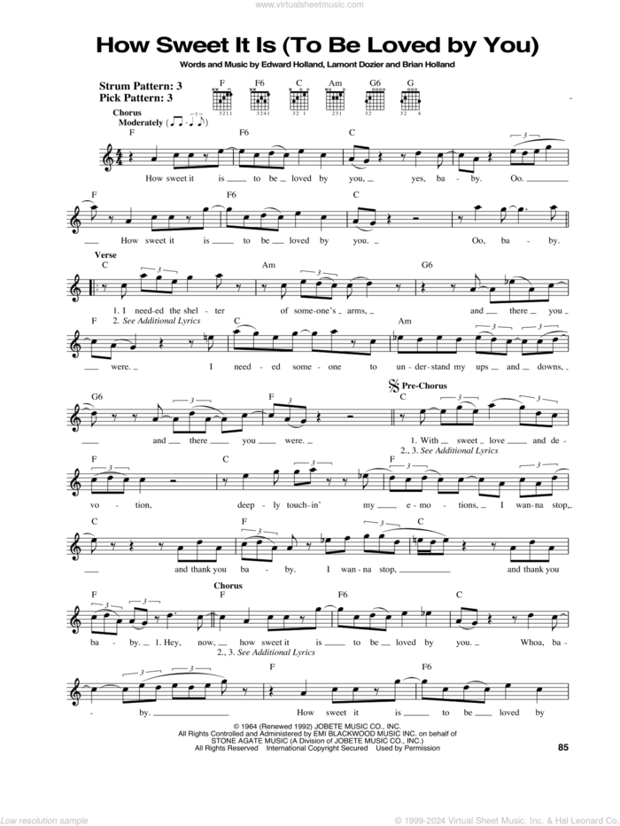 How Sweet It Is (To Be Loved By You) sheet music for guitar solo (chords) by Marvin Gaye, James Taylor, Brian Holland, Eddie Holland and Lamont Dozier, easy guitar (chords)