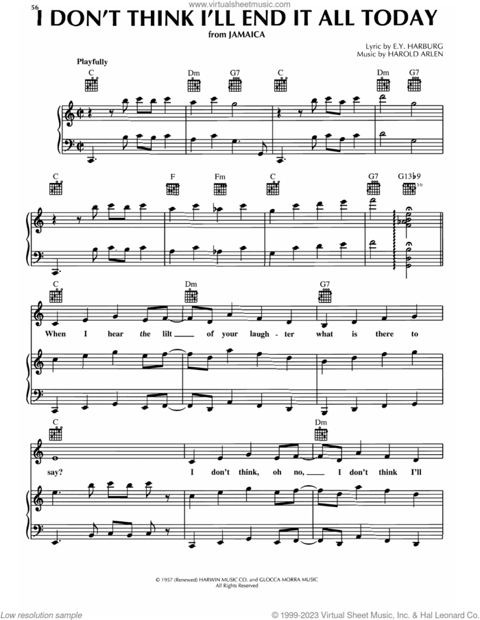 I Don't Think I'll End It All Today sheet music for voice, piano or guitar by Harold Arlen and E.Y. Harburg, intermediate skill level