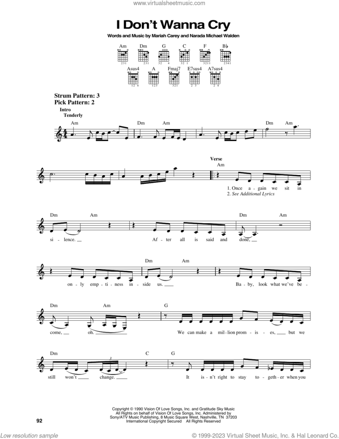 I Don't Wanna Cry sheet music for guitar solo (chords) by Mariah Carey and Narada Michael Walden, easy guitar (chords)