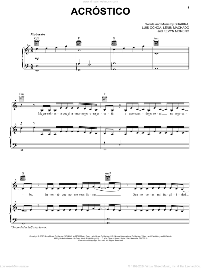 Acrostico sheet music for voice, piano or guitar by Shakira, Kevyn Moreno, Lenin Machado and Luis Fernando Ochoa, intermediate skill level