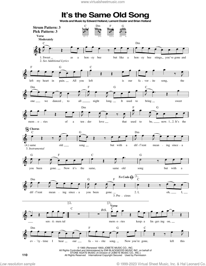 It's The Same Old Song sheet music for guitar solo (chords) by The Four Tops, Brian Holland, Eddie Holland and Lamont Dozier, easy guitar (chords)
