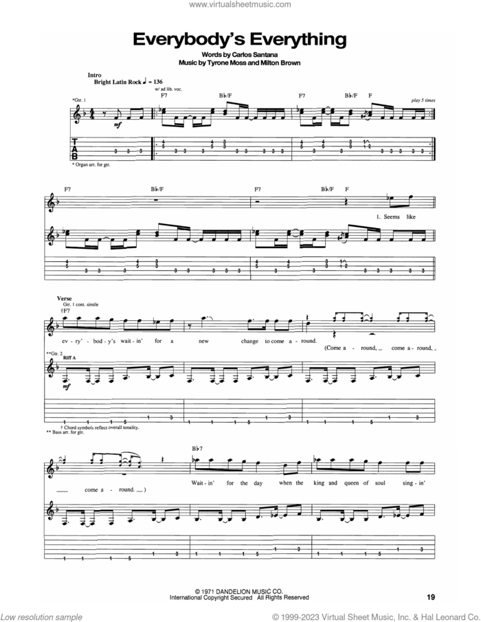 Everybody's Everything sheet music for guitar (tablature) by Carlos Santana, Milton Brown and Tyrone Moss, intermediate skill level