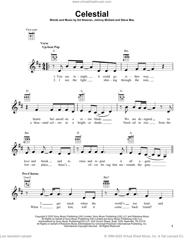 Celestial sheet music for ukulele by Ed Sheeran, Johnny McDaid and Steve Mac, intermediate skill level