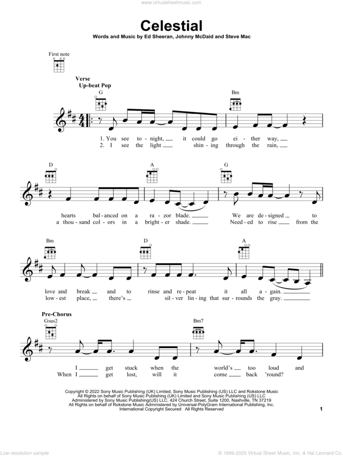 Celestial sheet music for ukulele by Ed Sheeran, Johnny McDaid and Steve Mac, intermediate skill level