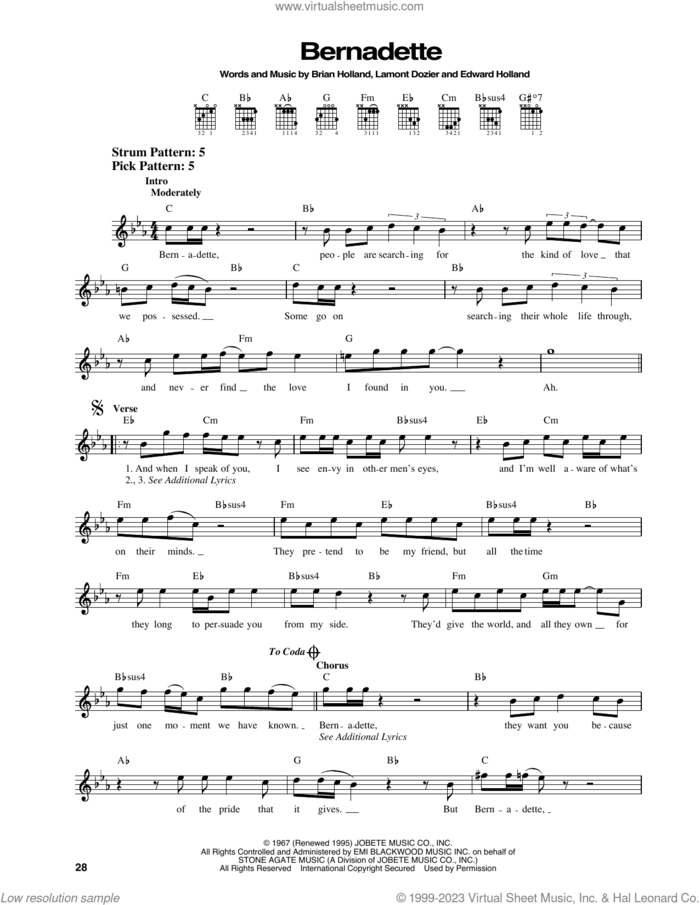 Bernadette sheet music for guitar solo (chords) by The Four Tops, Brian Holland, Eddie Holland and Lamont Dozier, easy guitar (chords)