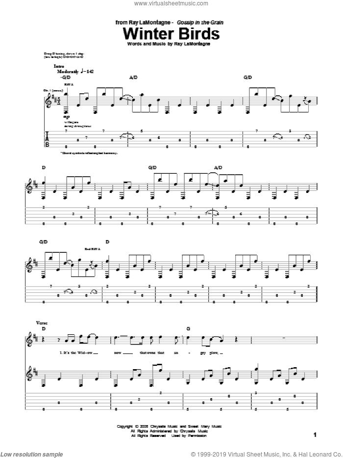 Winter Birds sheet music for guitar (tablature) by Ray LaMontagne, intermediate skill level