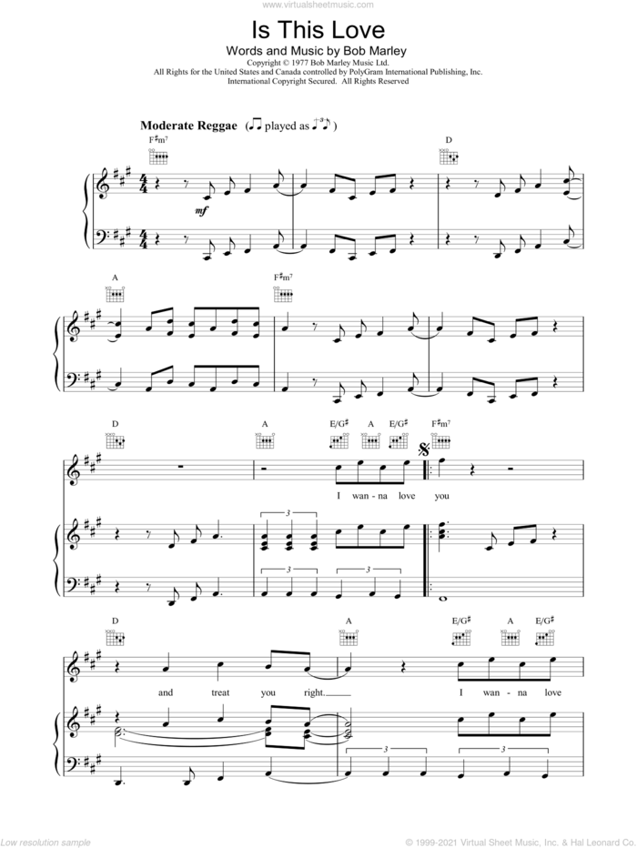 Is This Love sheet music for voice, piano or guitar by Bob Marley, intermediate skill level
