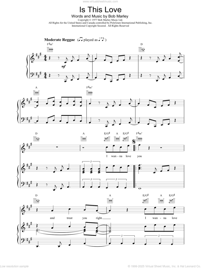 Is This Love sheet music for voice, piano or guitar by Bob Marley, intermediate skill level