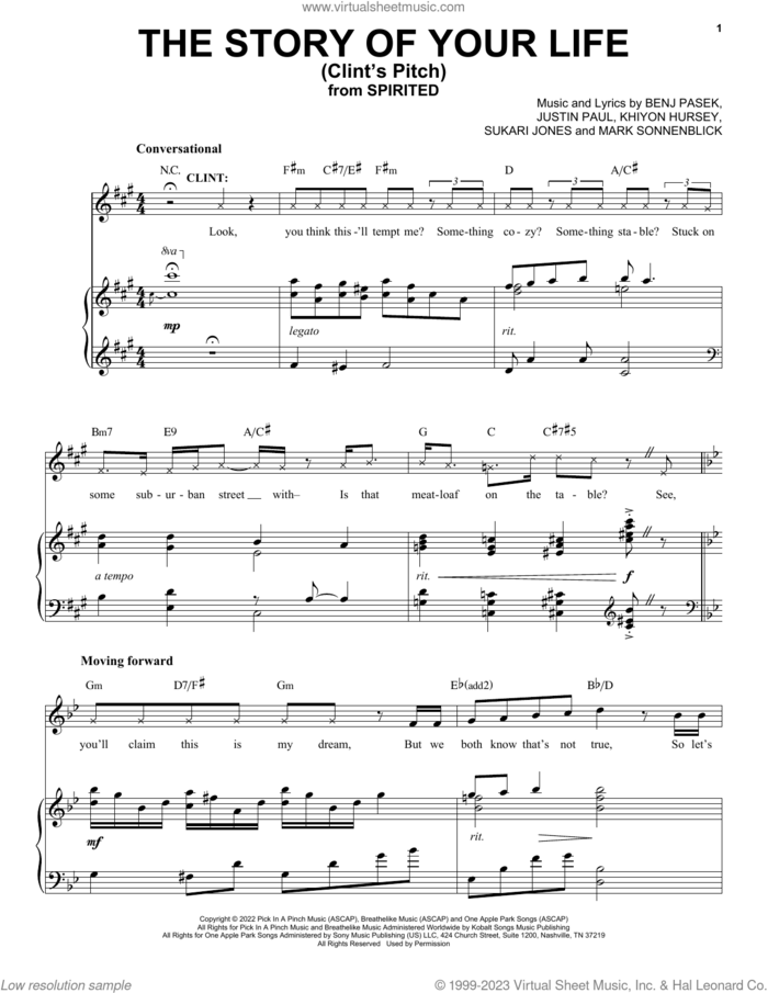 The Story Of Your Life (Clint's Pitch) (from Spirited) sheet music for voice and piano by Pasek & Paul, Benj Pasek, Justin Paul, Khiyon Hursey, Mark Sonnenblick and Sukari Jones, intermediate skill level