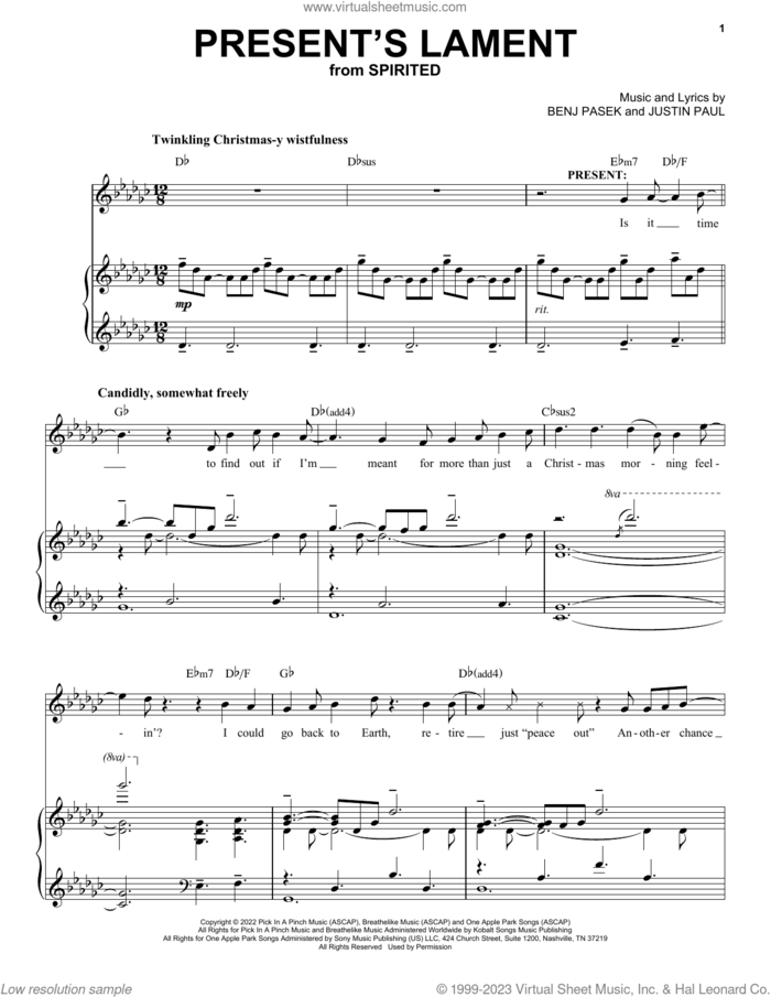 Present's Lament (from Spirited) sheet music for voice and piano by Pasek & Paul, Benj Pasek and Justin Paul, intermediate skill level