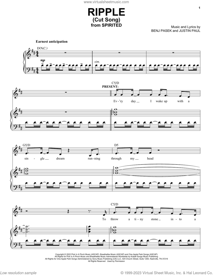 Ripple (Cut Song) (from Spirited) sheet music for voice and piano by Pasek & Paul, Benj Pasek and Justin Paul, intermediate skill level