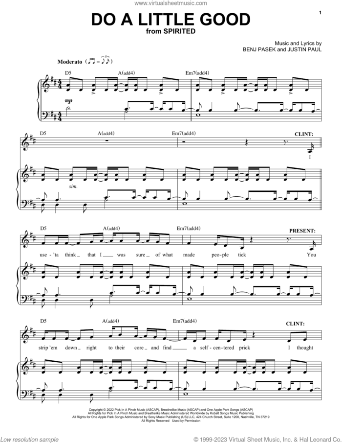 Do A Little Good (from Spirited) sheet music for voice and piano by Pasek & Paul, Benj Pasek and Justin Paul, intermediate skill level