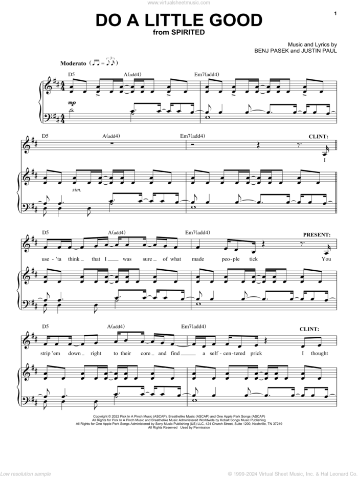 Do A Little Good (from Spirited) sheet music for voice and piano by Pasek & Paul, Benj Pasek and Justin Paul, intermediate skill level