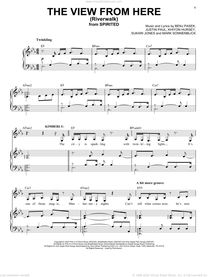 The View From Here (Riverwalk) (from Spirited) sheet music for voice and piano by Pasek & Paul, Benj Pasek, Justin Paul, Khiyon Hursey, Mark Sonnenblick and Sukari Jones, intermediate skill level