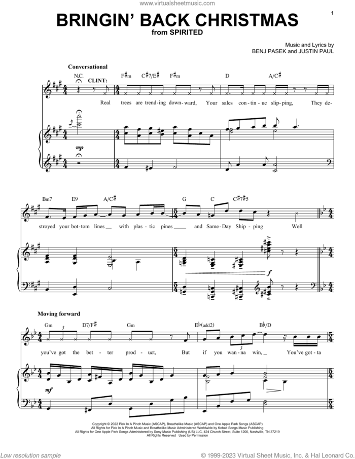 Bringin' Back Christmas (from Spirited) sheet music for voice and piano by Pasek & Paul, Benj Pasek and Justin Paul, intermediate skill level