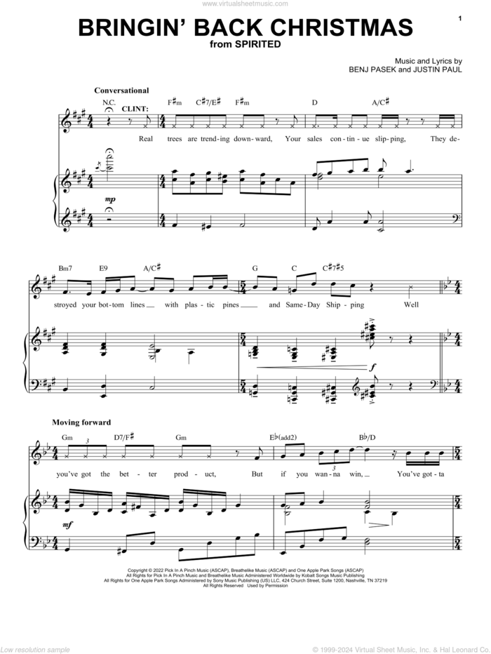 Bringin' Back Christmas (from Spirited) sheet music for voice and piano by Pasek & Paul, Benj Pasek and Justin Paul, intermediate skill level