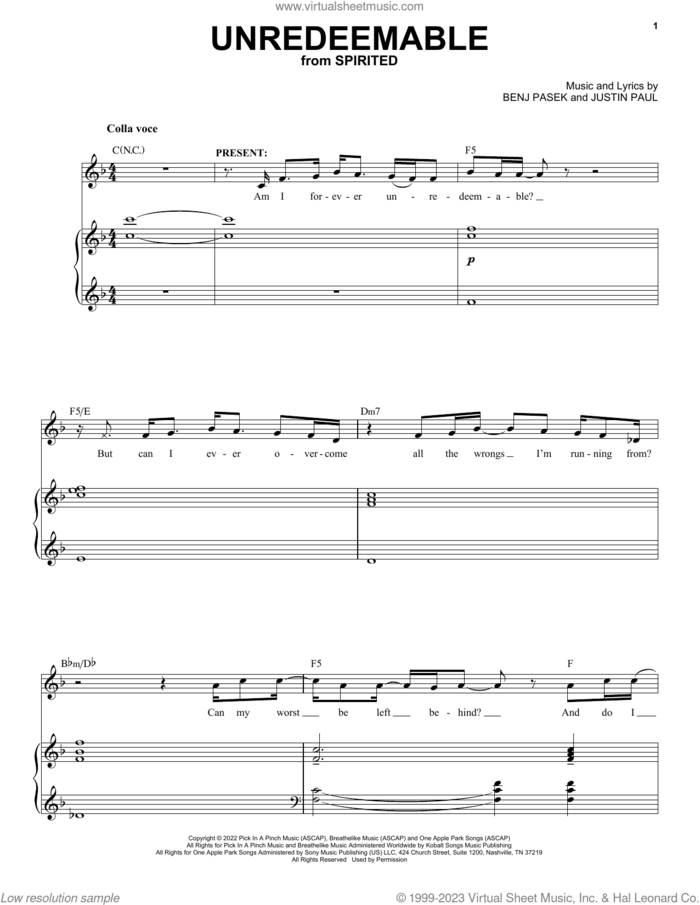 Unredeemable (from Spirited) sheet music for voice and piano by Pasek & Paul, Benj Pasek and Justin Paul, intermediate skill level