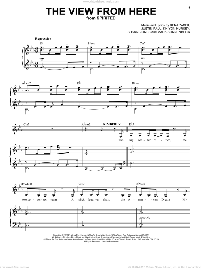 The View From Here (from Spirited) sheet music for voice and piano by Pasek & Paul, Benj Pasek, Justin Paul, Khiyon Hursey, Mark Sonnenblick and Sukari Jones, intermediate skill level